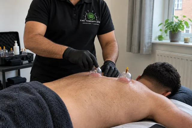 Illustrative home cupping session with a therapist wearing a Therapy Spot polo shirt.