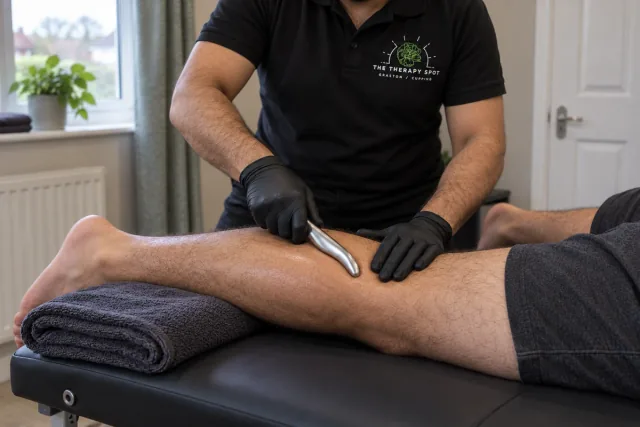Illustrative soft tissue treatment with a therapist wearing a Therapy Spot polo shirt.