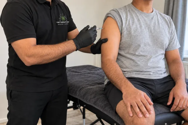 Illustrative vitamin injection appointment with a therapist wearing a Therapy Spot polo shirt.
